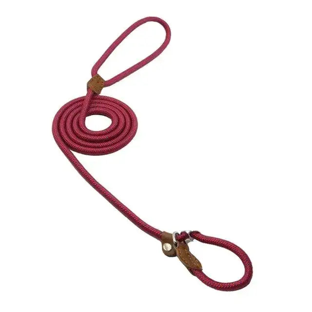 A burgundy braided rope leash with brown leather loops and a metal clasp.