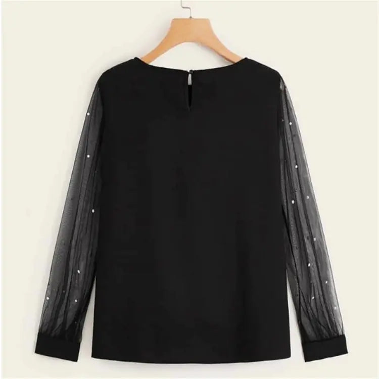 Long Sleeve Blouse with Beaded Mesh Panels - Joomcy