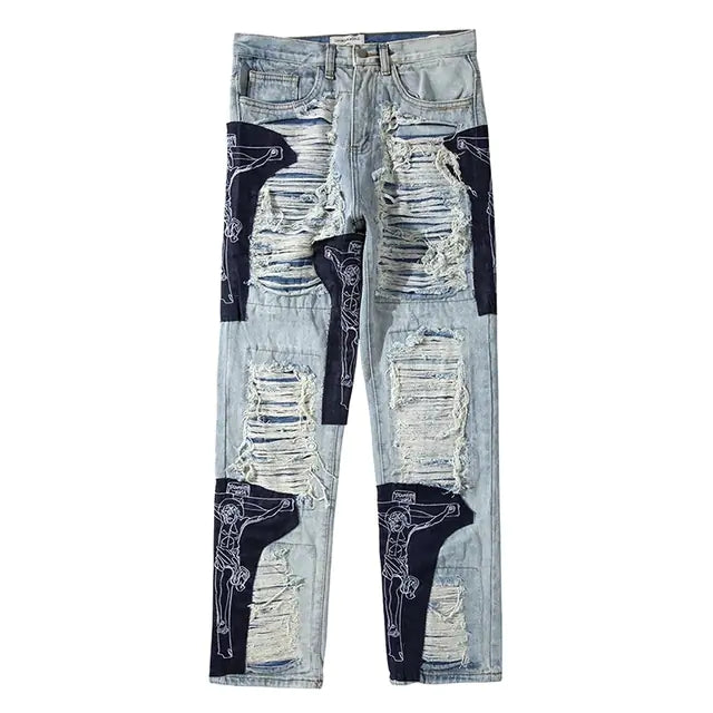 Men's Loose Straight Frayed Wide Leg Embroidery Jeans