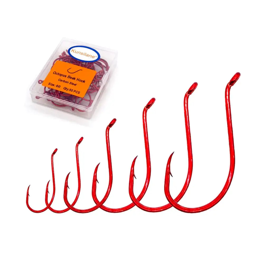 Red carbon steel octopus beak hooks in a clear plastic container labeled ’kunsilane.’