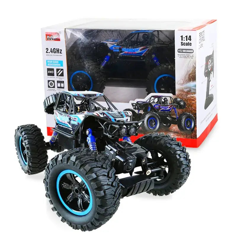 Black and blue 1:14 scale remote-controlled off-road truck with rugged tires and detailed suspension.