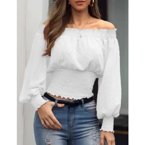 Off-Shoulder Chiffon Top with Dot Puff Sleeves