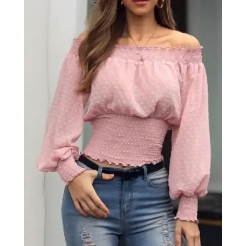 Off-Shoulder Chiffon Top with Dot Puff Sleeves