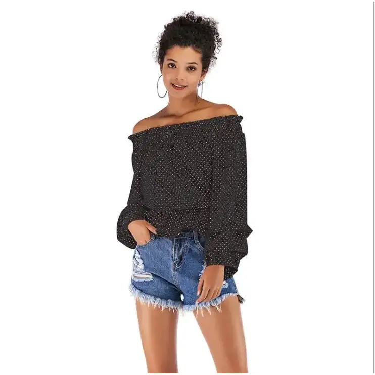 Off-Shoulder Chiffon Top with Dot Puff Sleeves