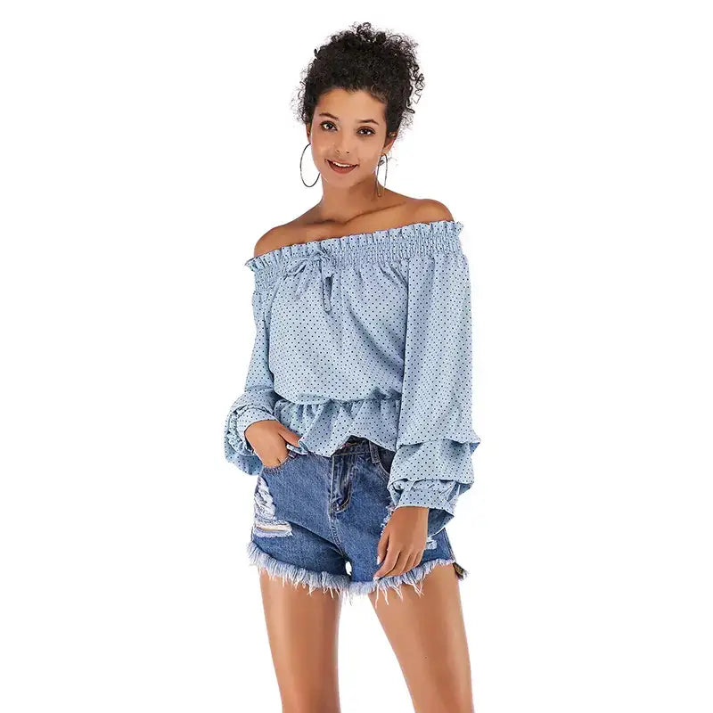 Off-Shoulder Chiffon Top with Dot Puff Sleeves