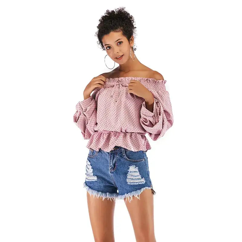 Off-Shoulder Chiffon Top with Dot Puff Sleeves