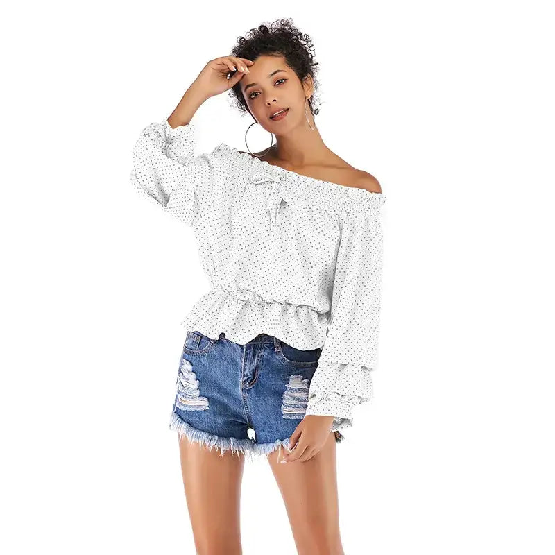 Off-Shoulder Chiffon Top with Dot Puff Sleeves