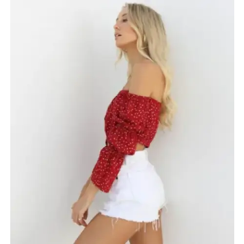 Off-Shoulder Polka Dot Chiffon Long Sleeve Top