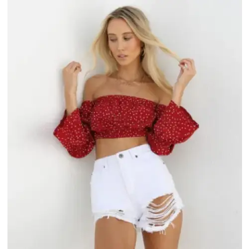 Off-Shoulder Polka Dot Chiffon Long Sleeve Top