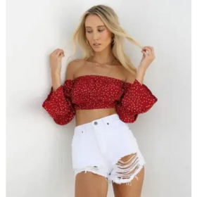 Off-Shoulder Polka Dot Chiffon Long Sleeve Top