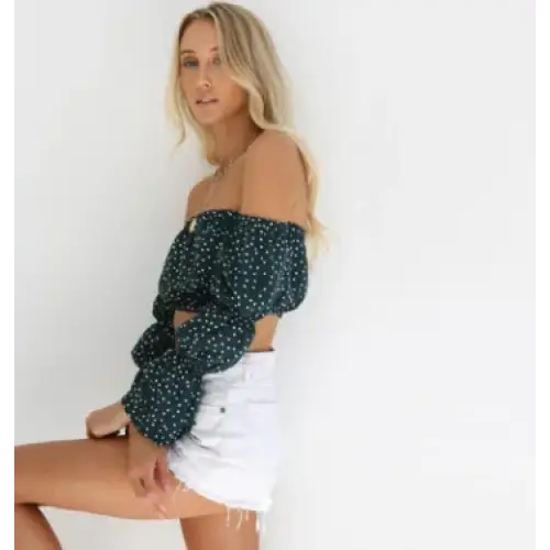 Off-Shoulder Polka Dot Chiffon Long Sleeve Top