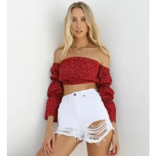 Off-Shoulder Polka Dot Chiffon Long Sleeve Top