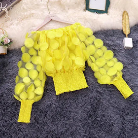 Off-Shoulder Waist-Defined Chiffon Top with Puff Sleeves