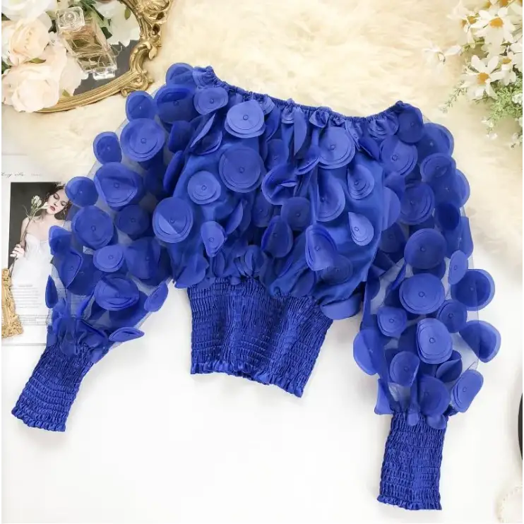 Off-Shoulder Waist-Defined Chiffon Top with Puff Sleeves