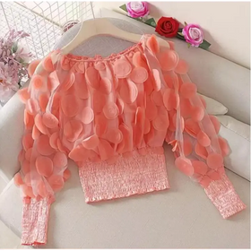Off-Shoulder Waist-Defined Chiffon Top with Puff Sleeves