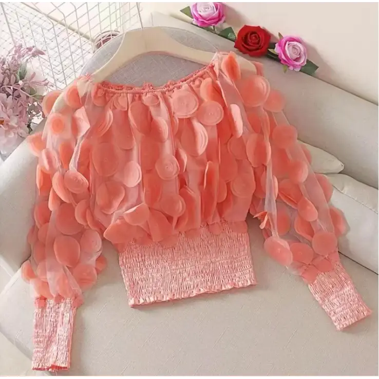 Off-Shoulder Waist-Defined Chiffon Top with Puff Sleeves