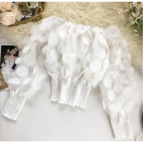 Off-Shoulder Waist-Defined Chiffon Top with Puff Sleeves