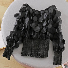 Off-Shoulder Waist-Defined Chiffon Top with Puff Sleeves