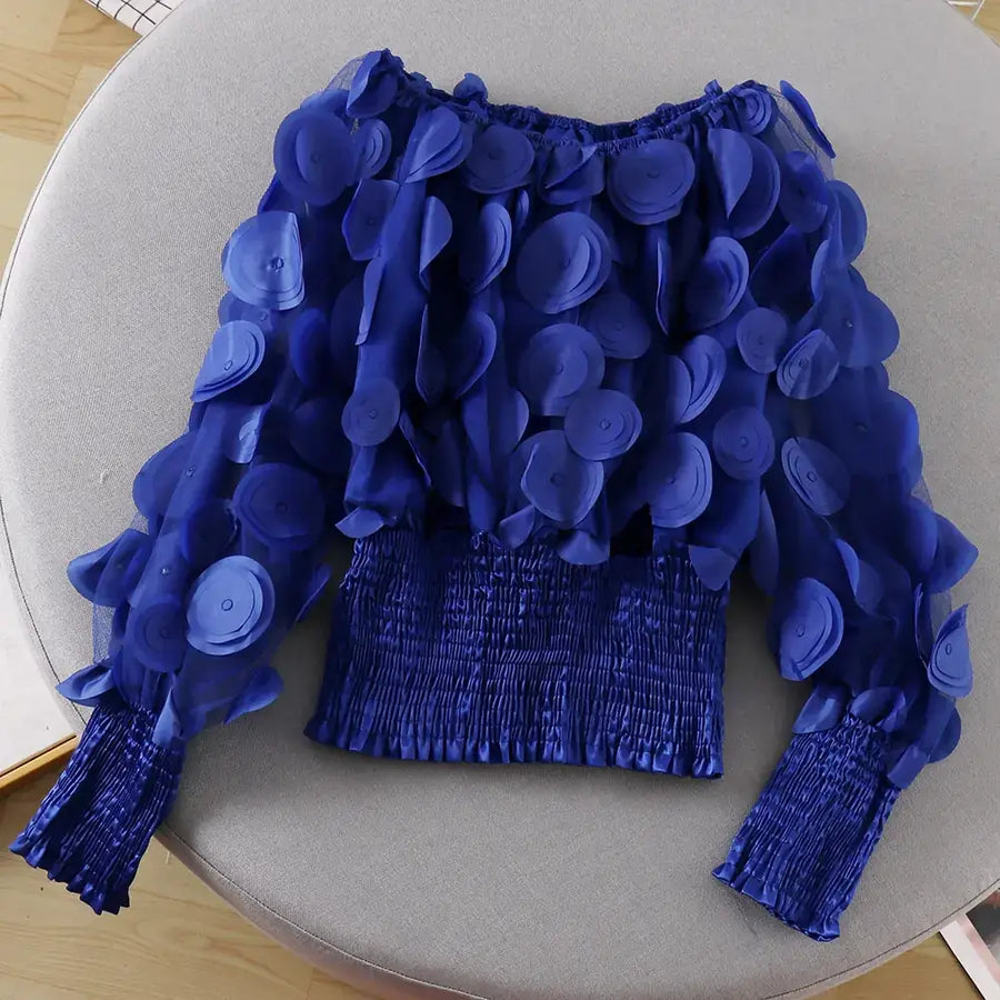 Off-Shoulder Waist-Defined Chiffon Top with Puff Sleeves