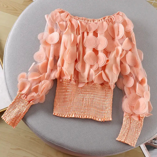 Off-Shoulder Waist-Defined Chiffon Top with Puff Sleeves