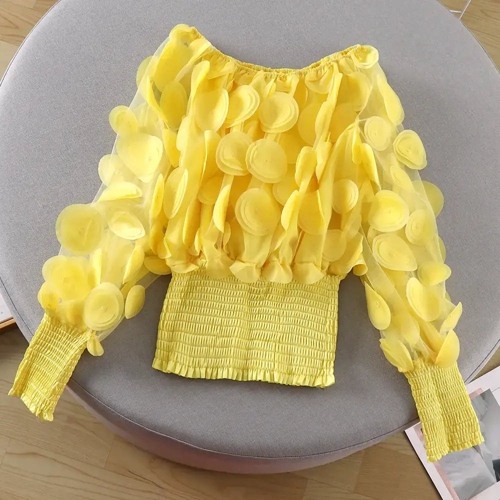 Off-Shoulder Waist-Defined Chiffon Top with Puff Sleeves