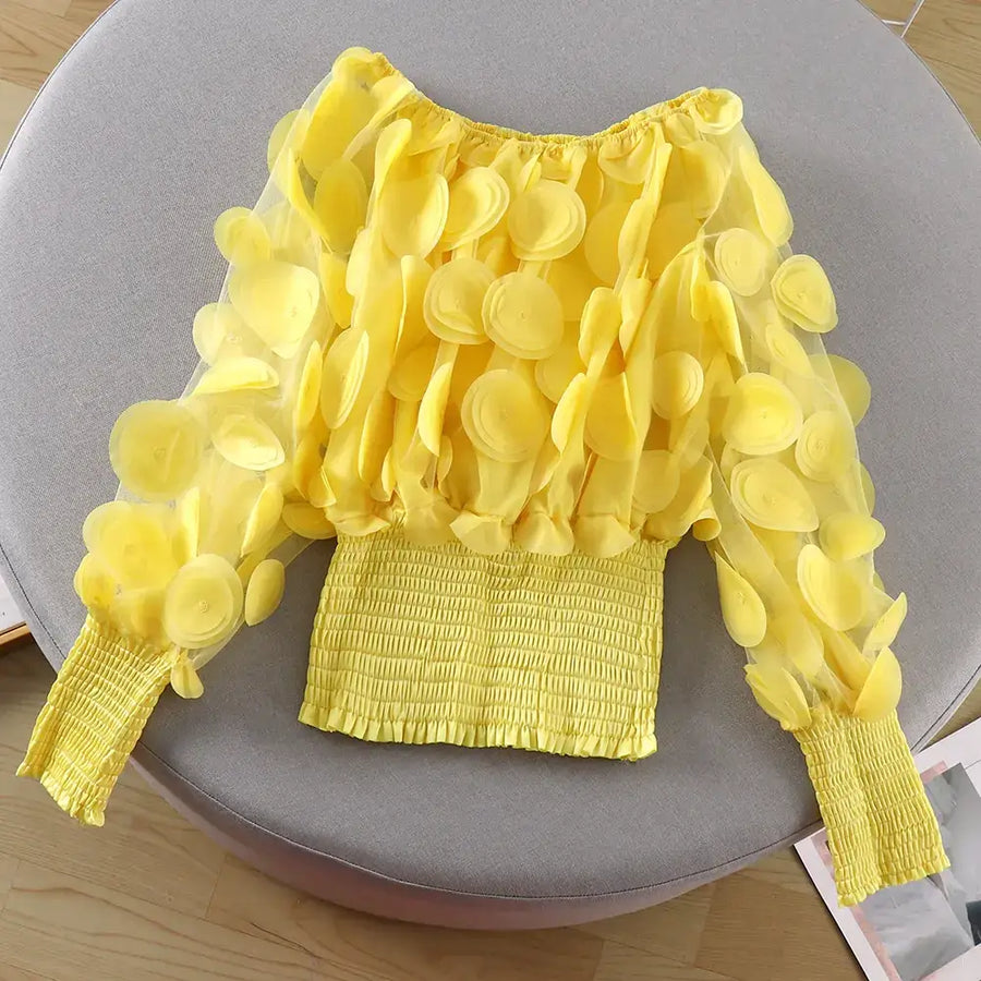 Off-Shoulder Waist-Defined Chiffon Top with Puff Sleeves