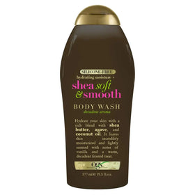 Dark brown bottle of ogx shea soft & smooth body wash with a gold cap and multicolored label detailing its hydrating ingredients.