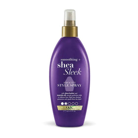 Purple bottle of ogx smoothing + shea sleek smooth style spray with a gold spray nozzle.