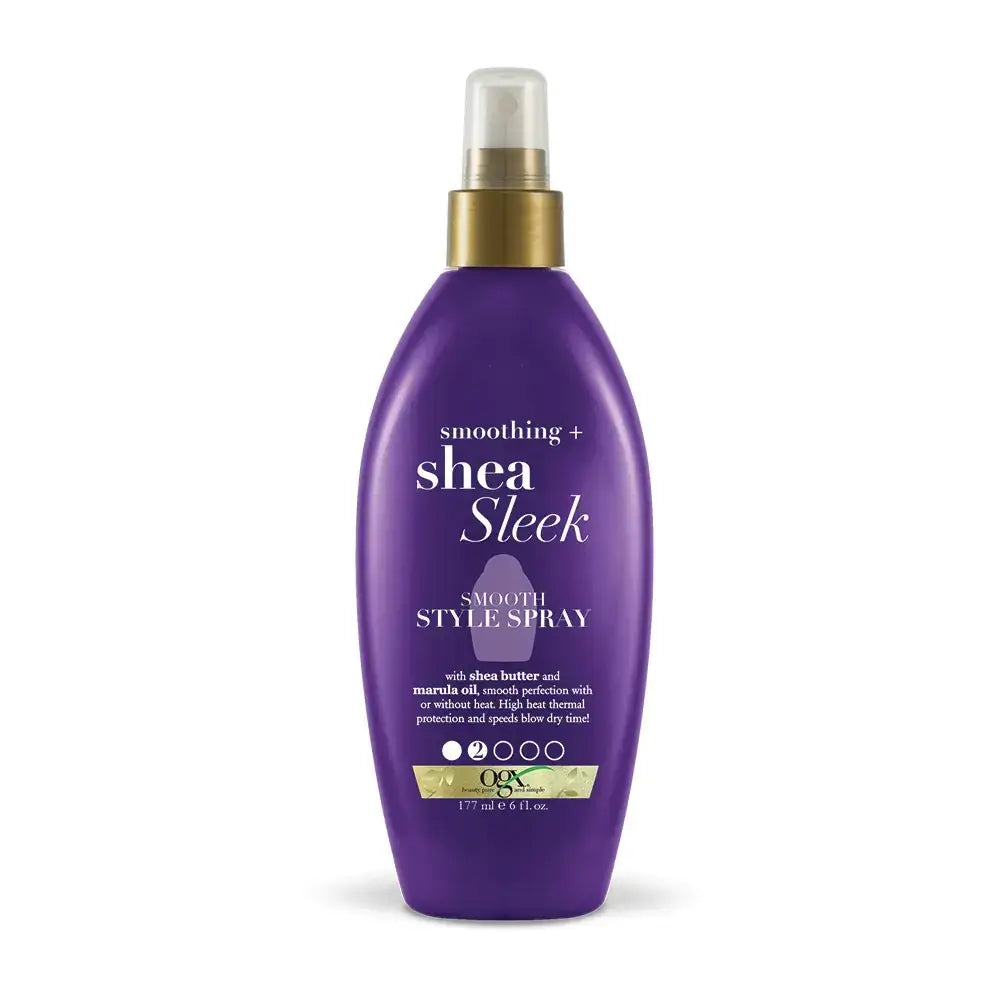 Purple bottle of ogx smoothing + shea sleek smooth style spray with a gold spray nozzle.