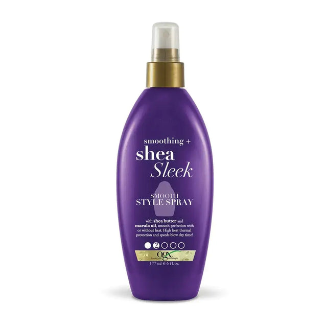 Purple bottle of ogx smoothing + shea sleek smooth style spray with a gold spray nozzle.