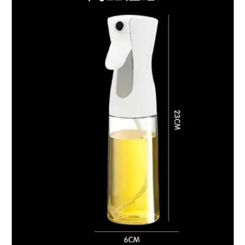 White plastic spray bottle with a clear body containing yellow liquid, measuring 23cm tall and 6cm wide.