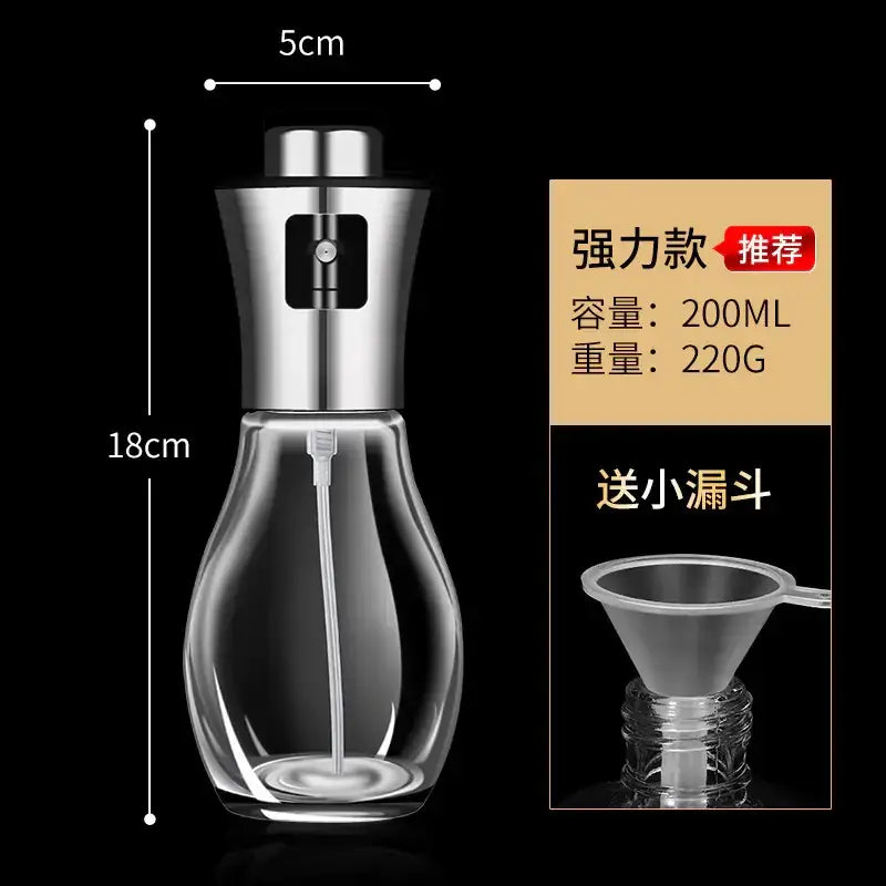 A sleek 200ml clear glass spray bottle with a stainless steel pump top and nozzle, designed for precise liquid dispensing.