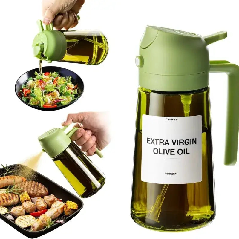 Green plastic and glass olive oil dispenser with a pump top and handle