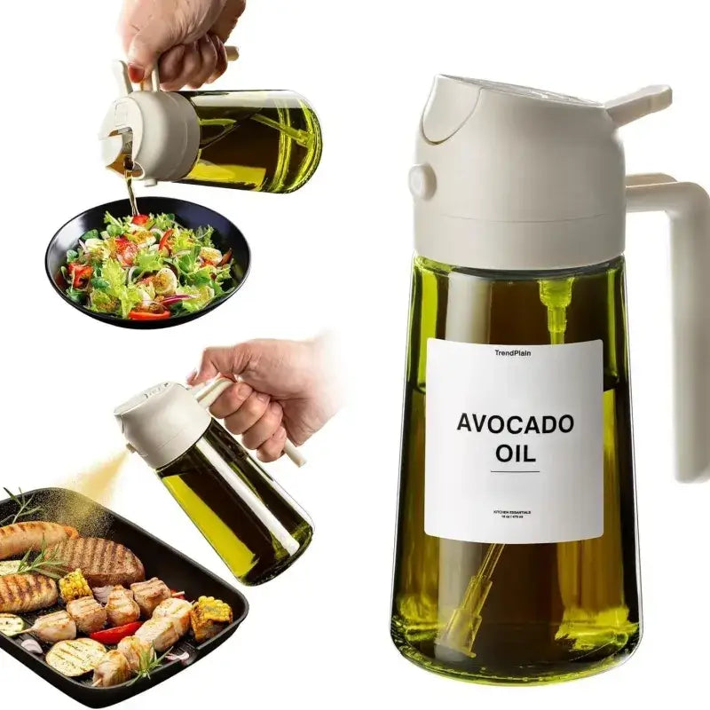 A sleek, transparent glass avocado oil dispenser with a white plastic lid and handle.