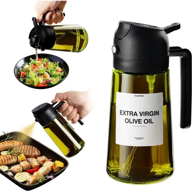 Trendrain extra virgin olive oil dispenser with black plastic lid and handle, transparent green glass body.