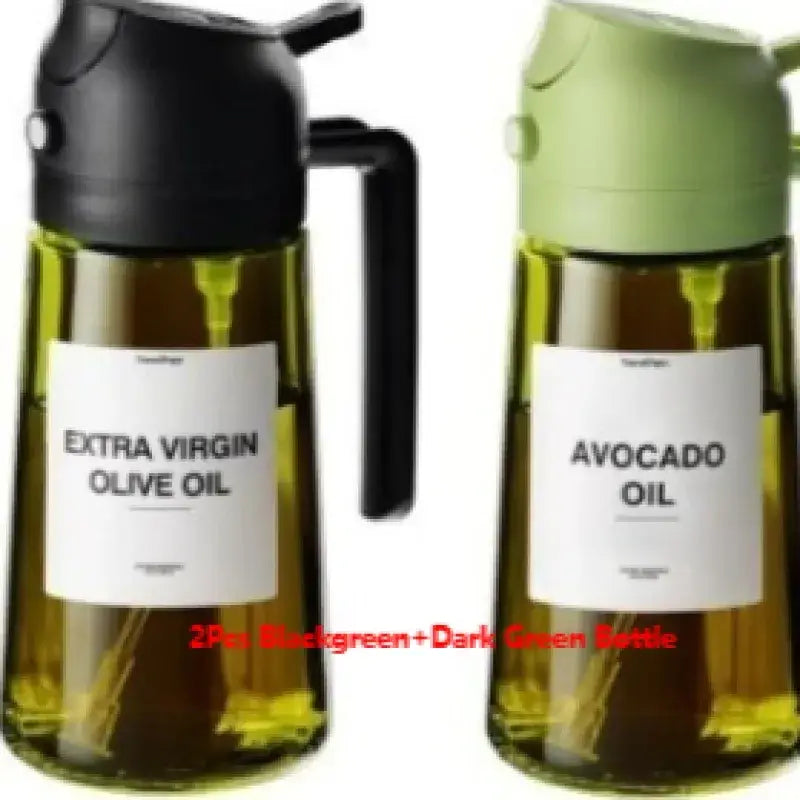 Two sleek, dark green glass oil dispensers with black and light green lids—labeled ’extra virgin olive oil’ and ’avocado oil’—feature minimalist white labels and ergonomic handles.
