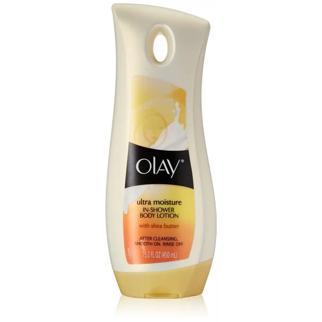 Olay ultra moisture in-shower body lotion with shea butter in a sleek, cream-colored bottle featuring an orange and yellow label.