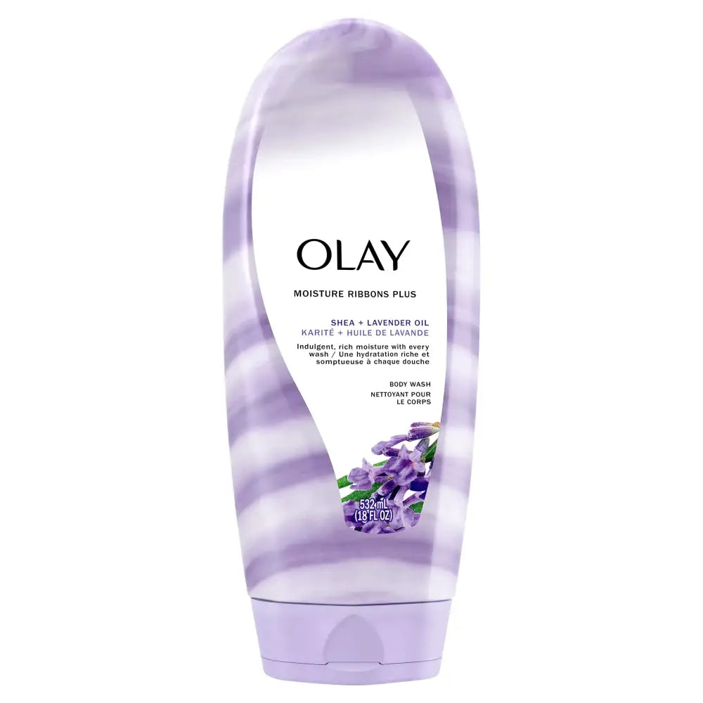 A translucent purple bottle of olay moisture ribbons plus body wash with a sleek, curved design and lavender-themed label.