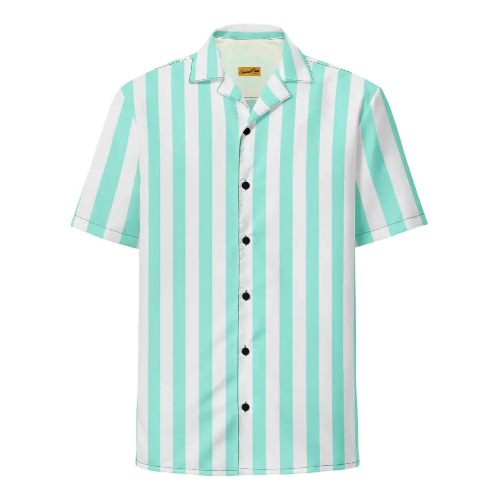 A mint green and white vertically striped short-sleeved button-up shirt with black buttons.