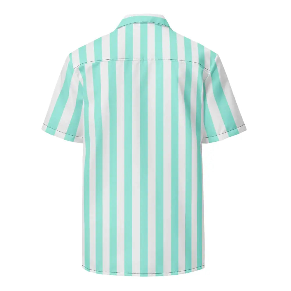 A short-sleeved button-up shirt featuring vertical stripes of mint green and white.
