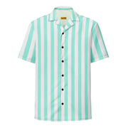 A mint green and white vertically striped short-sleeved button-up shirt with black buttons.