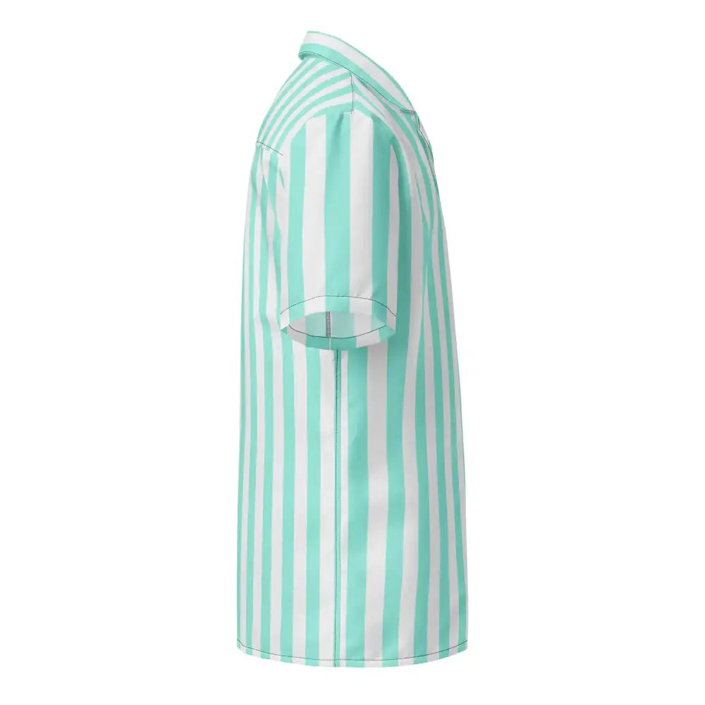 A short-sleeved button-up shirt with vertical mint green and white stripes, featuring a classic collar and neatly stitched seams.