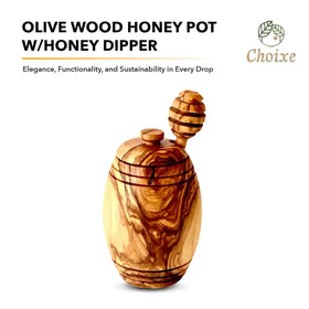 Handcrafted olive wood honey pot with a matching dipper, featuring natural grain patterns and warm golden-brown tones.