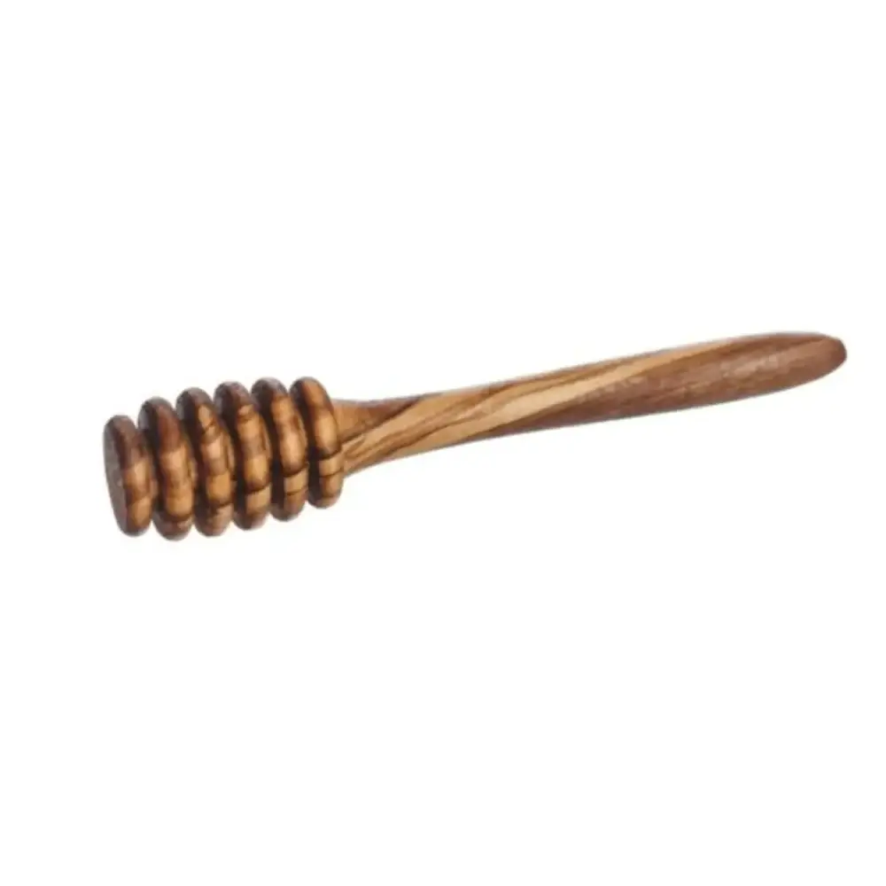 Handcrafted olive wood honey dipper with a natural, warm brown finish and distinctive swirling grain pattern.