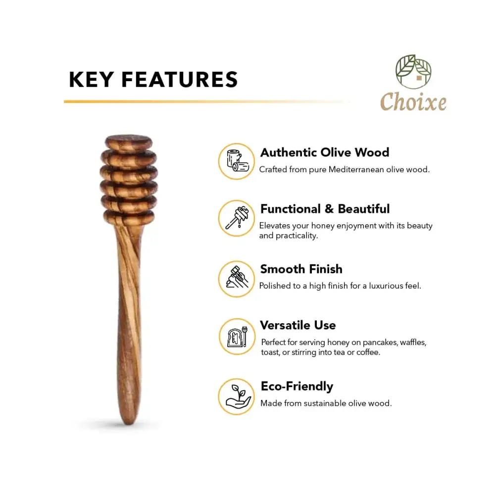 A sleek, polished olive wood honey dipper with a natural grain pattern and smooth, rounded ridges for easy honey serving.