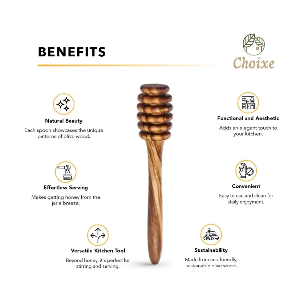 A wooden honey dipper with a natural olive wood finish and stacked, rounded notches along its handle.
