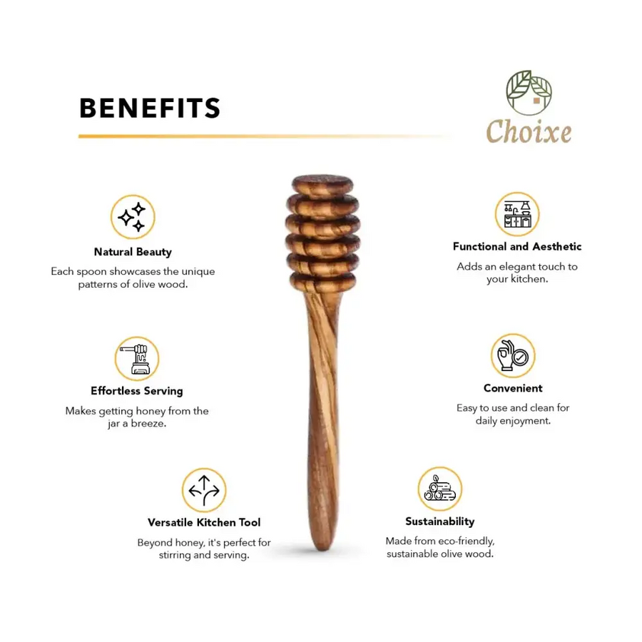 A wooden honey dipper with a natural olive wood finish and stacked, rounded notches along its handle.