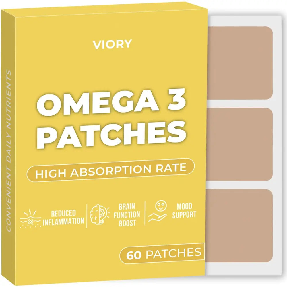 Yellow box of viory omega 3 patches with a white label showing three beige patches.