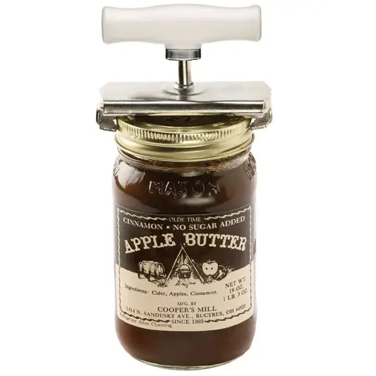 A silver and white jar opener with a handle, designed for sealing or opening mason jars.