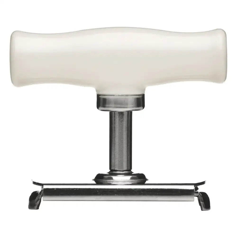 Cream-colored ceramic handle with a polished chrome metal shaft and base, featuring an ergonomic t-shaped design.